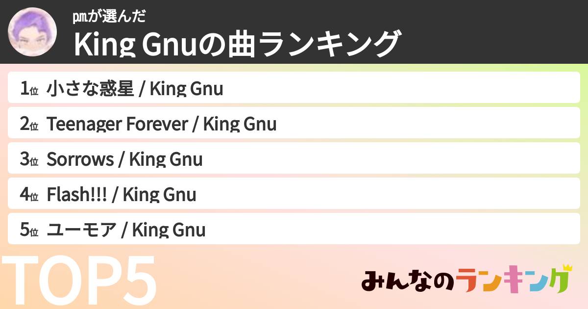㏘さんの「King Gnuの曲ランキング」