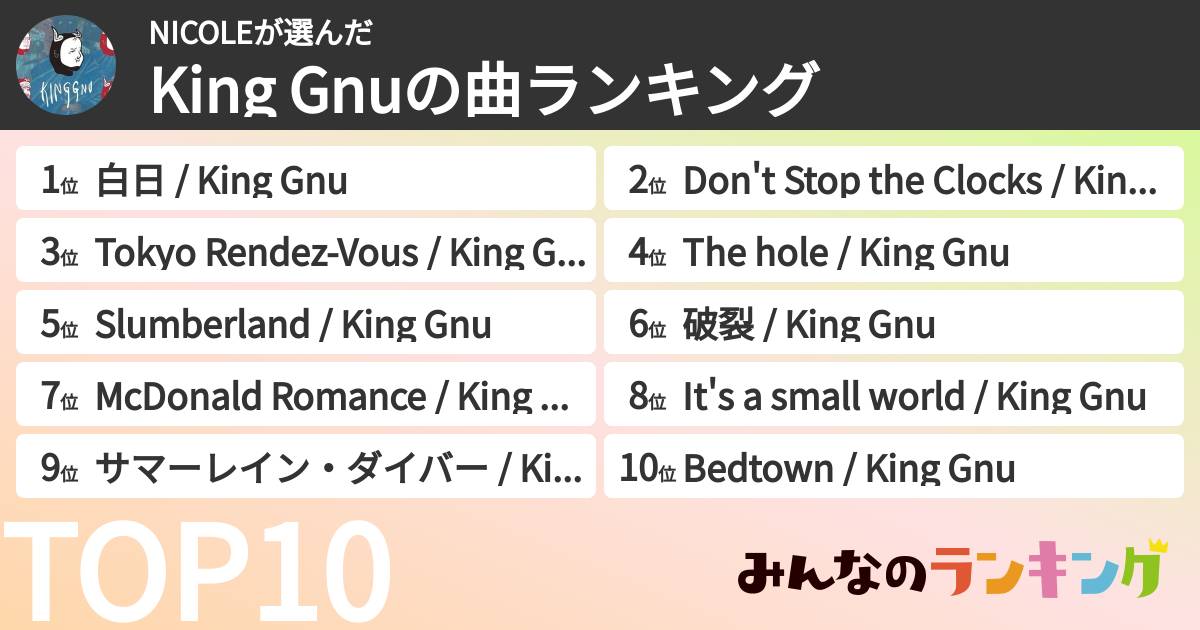 NICOLEさんの「King Gnuの曲ランキング」