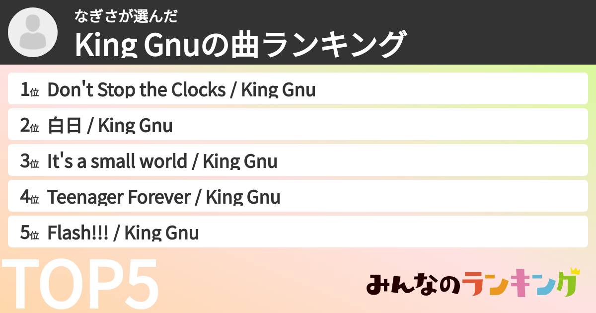 なぎささんの「King Gnuの曲ランキング」