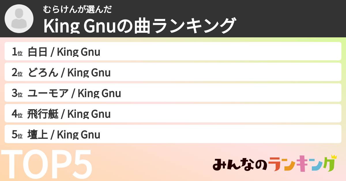 むらけんさんの「King Gnuの曲ランキング」