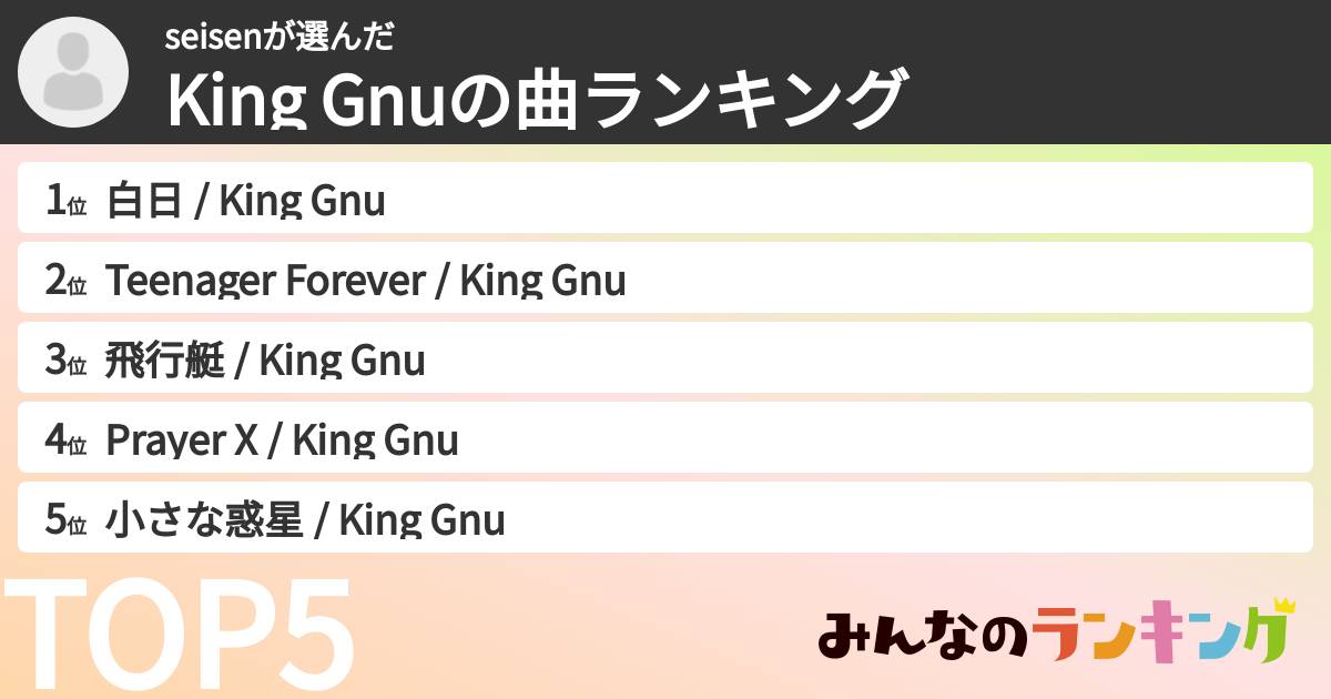 seisenさんの「King Gnuの曲ランキング」