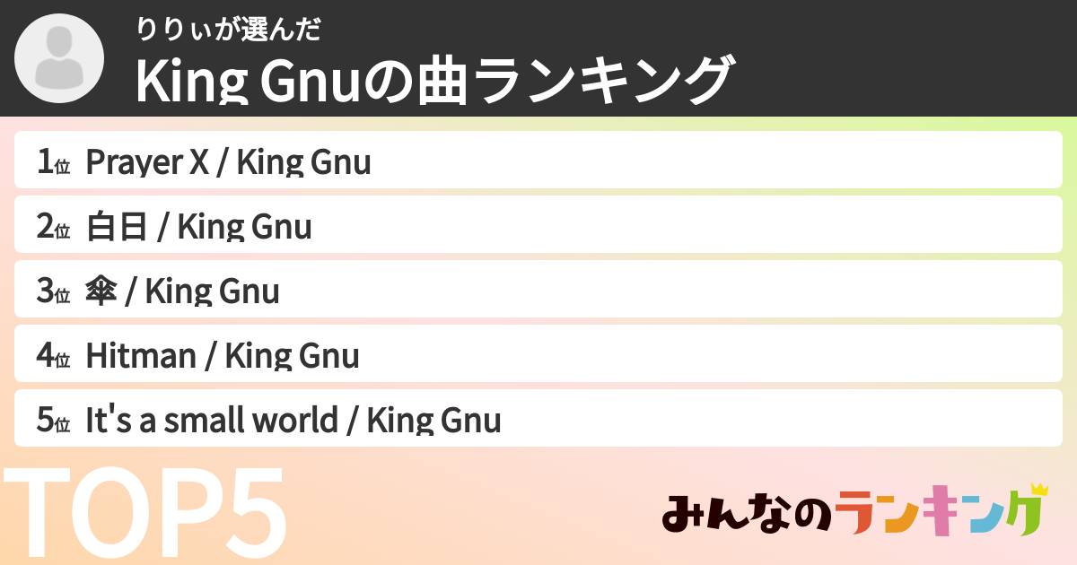 りりぃさんの「King Gnuの曲ランキング」