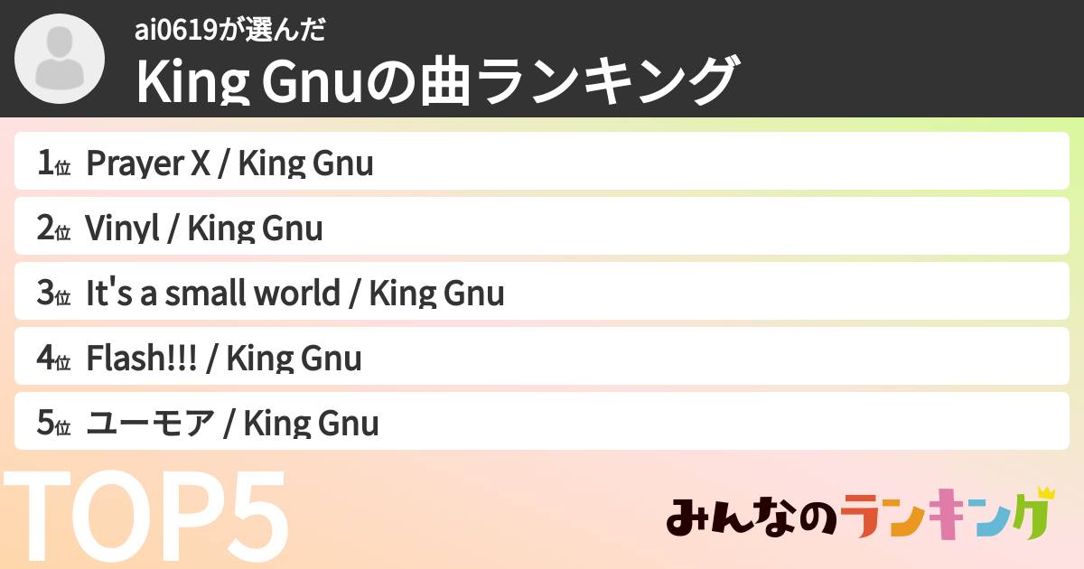 ai0619さんの「King Gnuの曲ランキング」