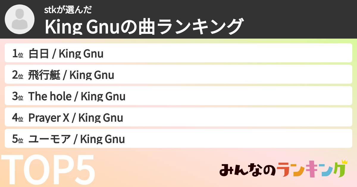 stkさんの「King Gnuの曲ランキング」