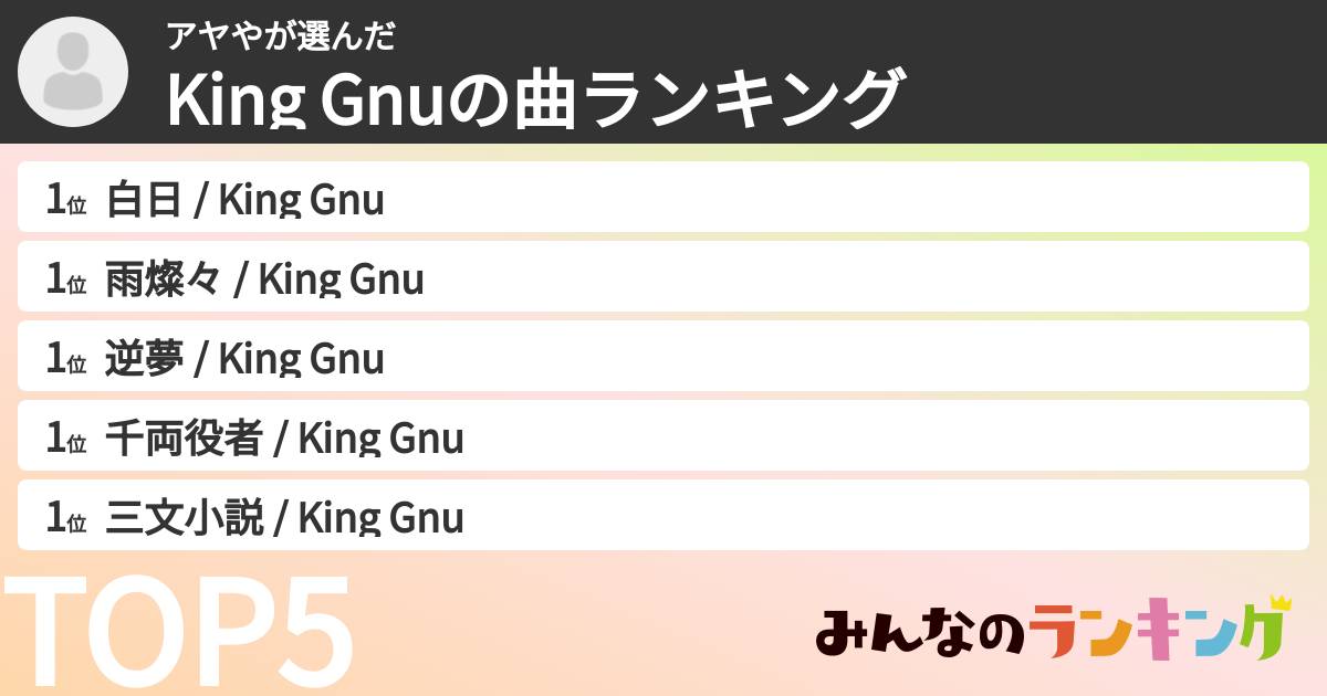 アヤやさんの「King Gnuの曲ランキング」