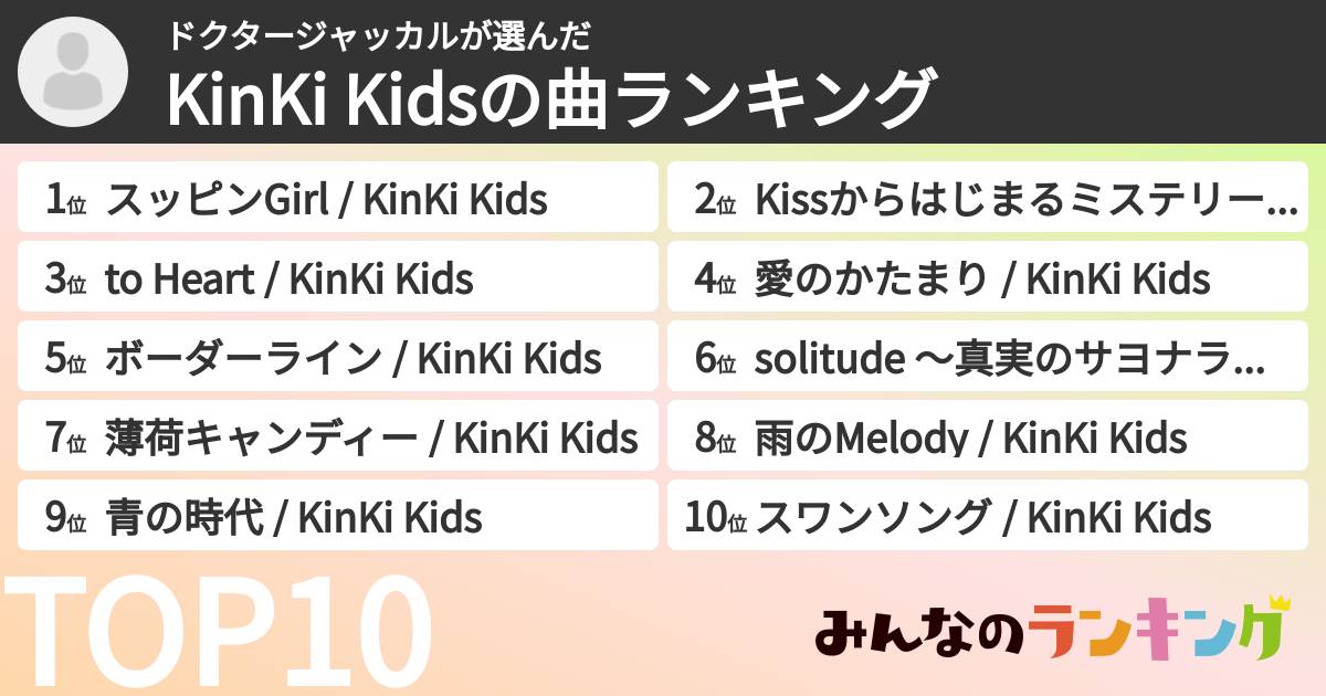 ドクタージャッカルさんの「KinKi Kidsの曲ランキング」