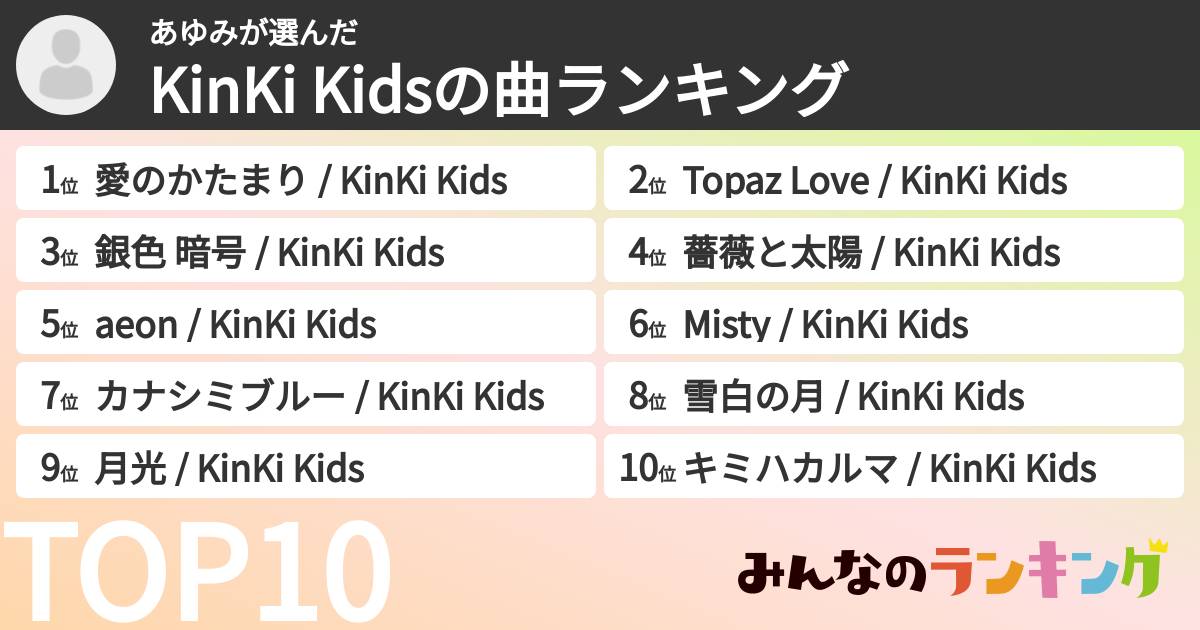 あゆみさんの「KinKi Kidsの曲ランキング」