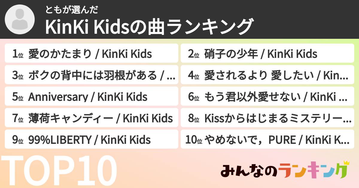 ともさんの「KinKi Kidsの曲ランキング」