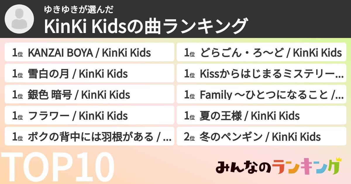 ゆきゆきさんの「KinKi Kidsの曲ランキング」