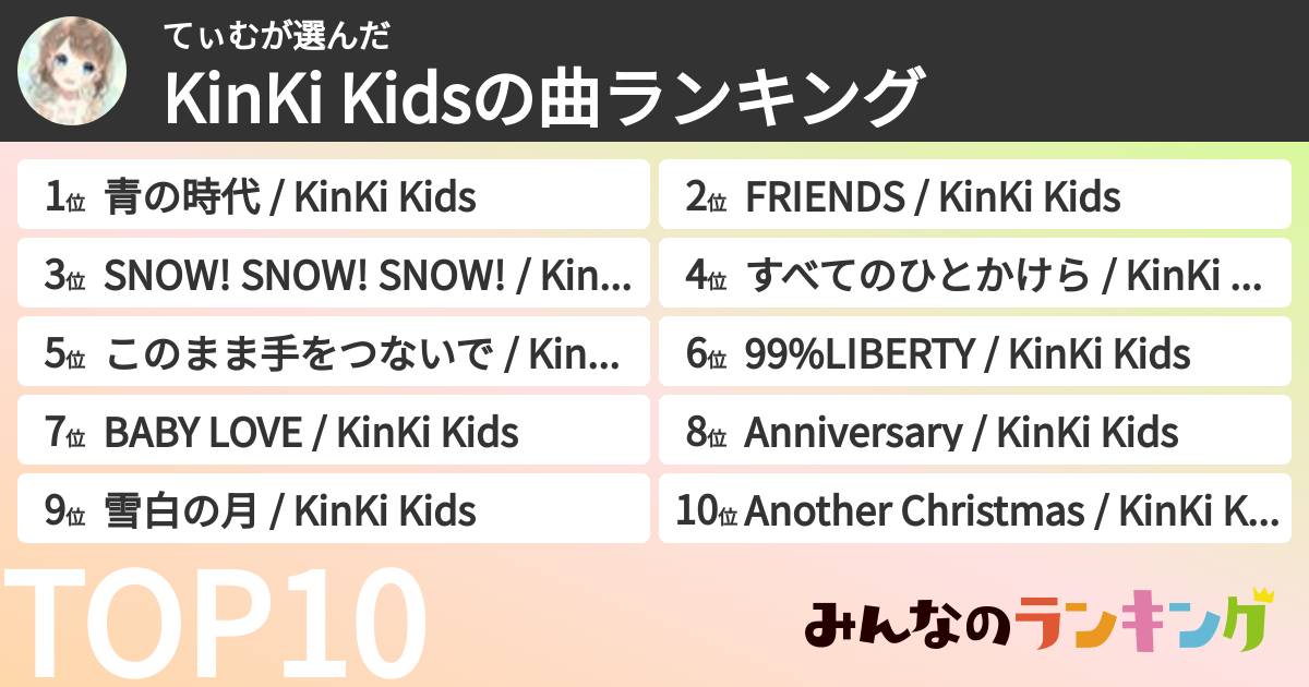 てぃむさんの「KinKi Kidsの曲ランキング」