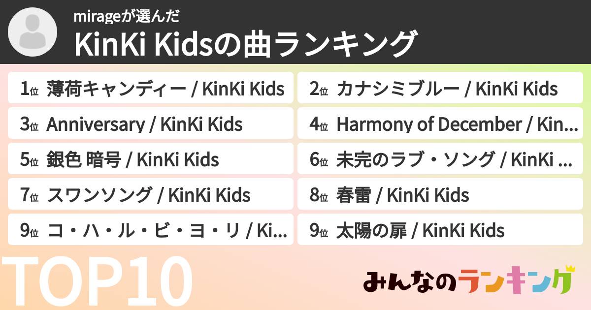 mirageさんの「KinKi Kidsの曲ランキング」