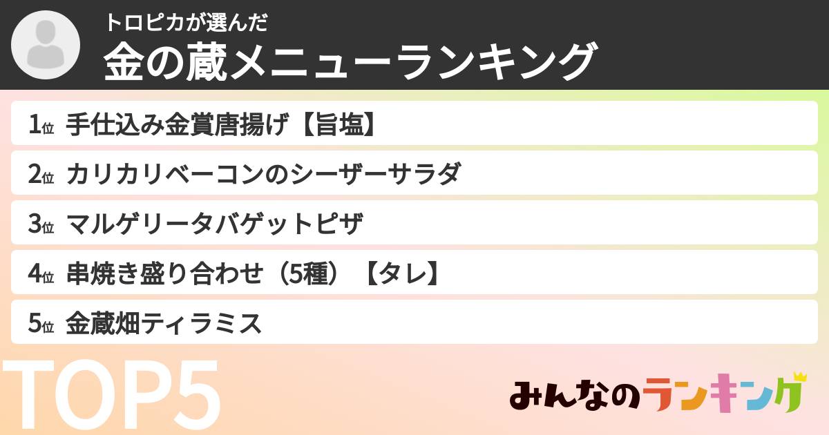 トロピカさんの「金の蔵メニューランキング」