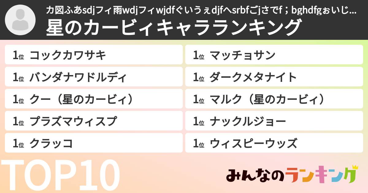 カ図ふあsdjフィ雨wdjフィwjdfぐいうぇdjfへsrbfごjさでf;bghdfgぉいじゃふぉgdfcpvんfbgさんの「星のカービィキャラランキング」