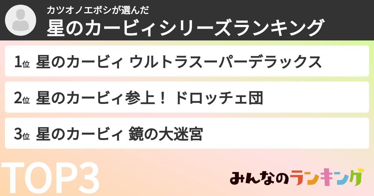 カツオノエボシさんの「星のカービィシリーズランキング」