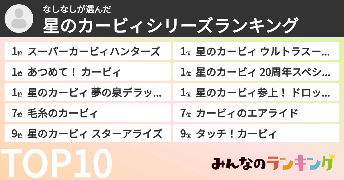 なしなしさんの「星のカービィシリーズランキング」