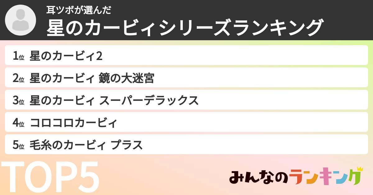 耳ツボさんの「星のカービィシリーズランキング」