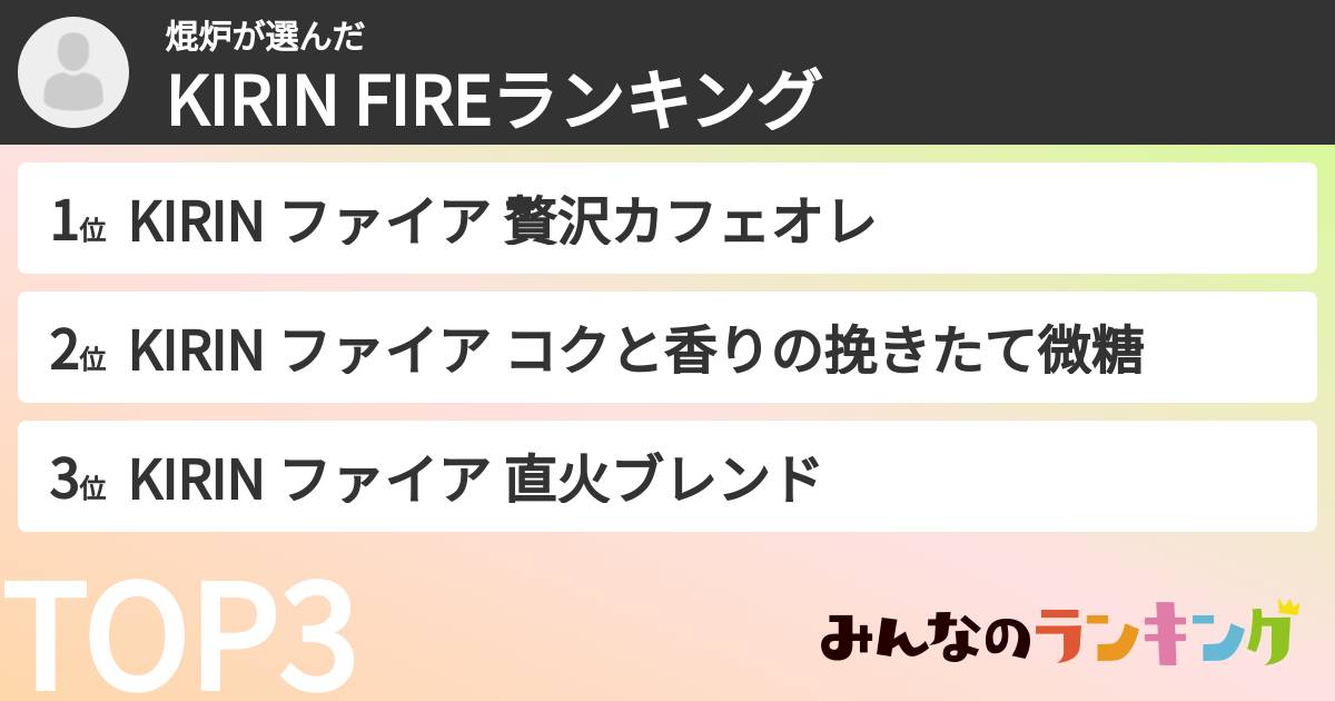 焜炉さんの「KIRIN FIREランキング」