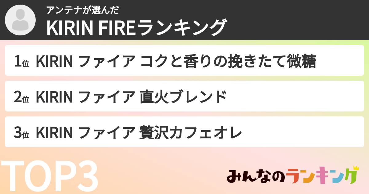 アンテナさんの「KIRIN FIREランキング」