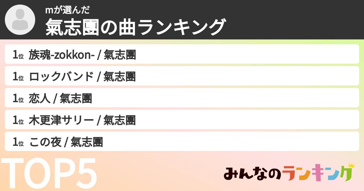 mさんの「氣志團の曲ランキング」