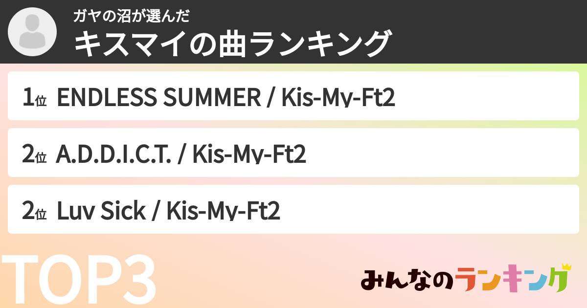 ガヤの沼さんの「キスマイの曲ランキング」