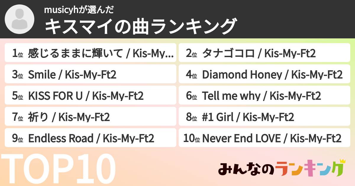 musicyhさんの「キスマイの曲ランキング」