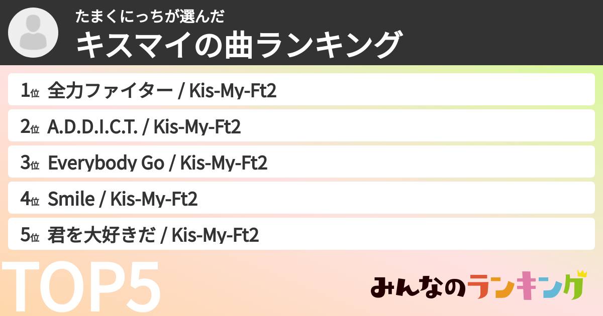 たまくにっちさんの「キスマイの曲ランキング」