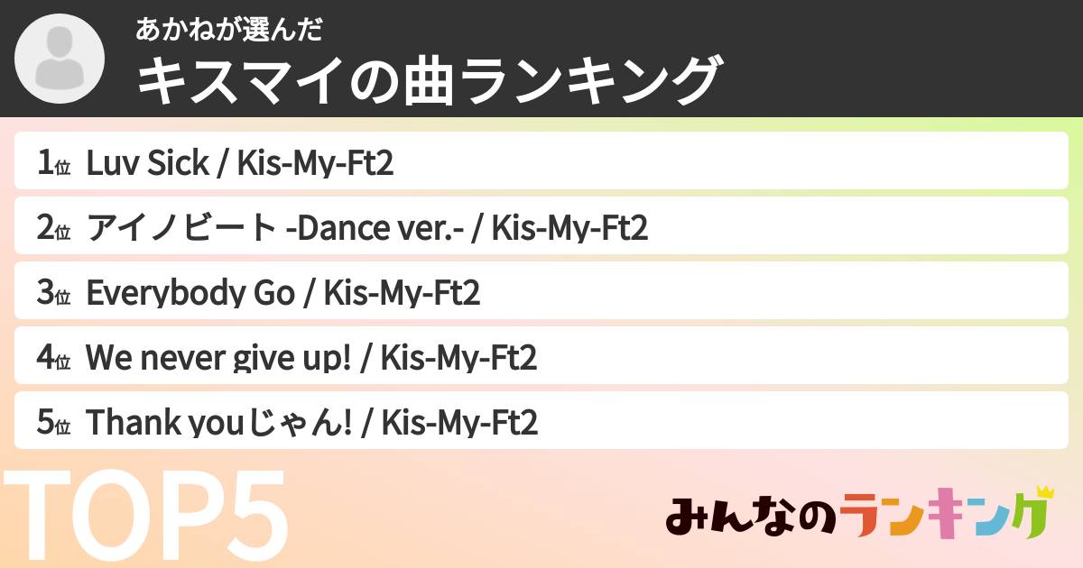 あかねさんの「キスマイの曲ランキング」