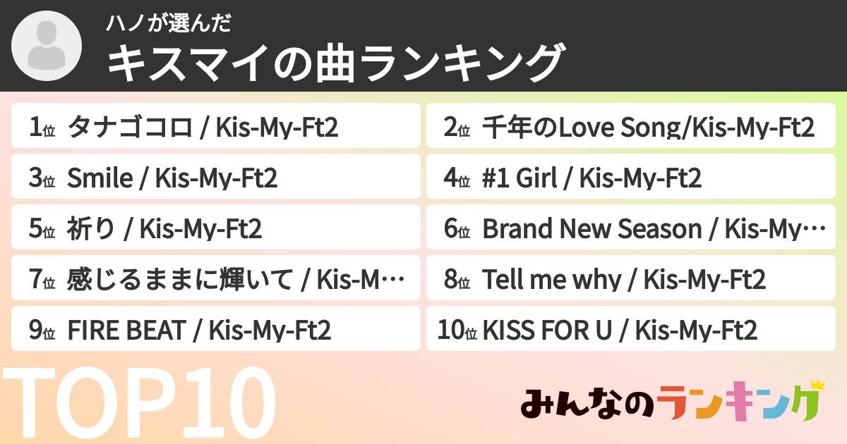 ハノさんの「キスマイの曲ランキング」