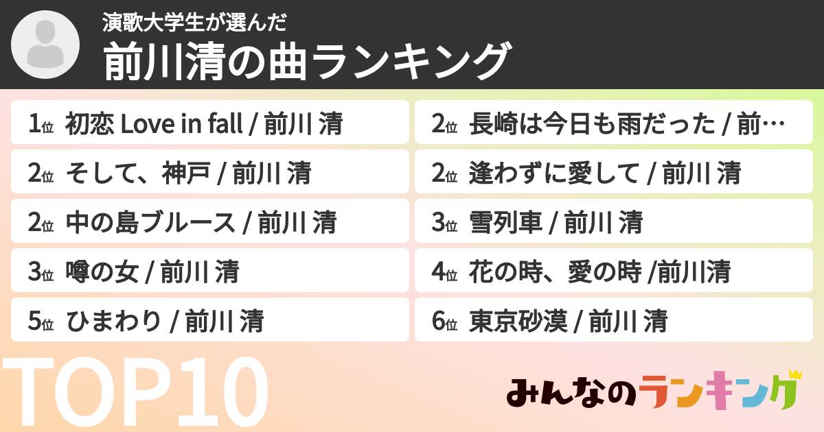 演歌大学生さんの「前川清の曲ランキング」
