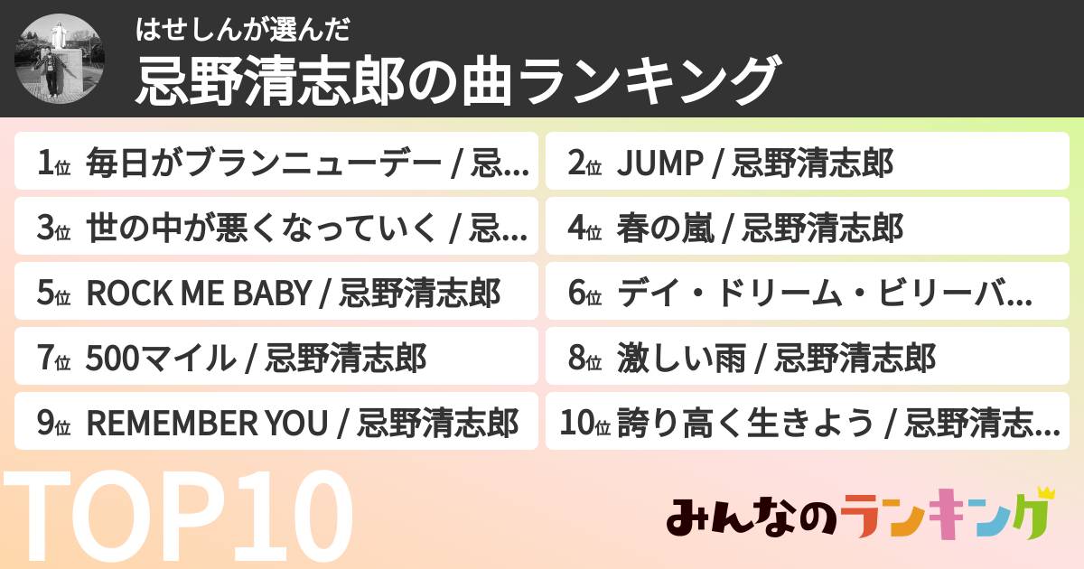 はせしんさんの「忌野清志郎の曲ランキング」