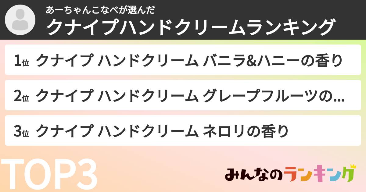 あーちゃんこなべさんの「クナイプハンドクリームランキング」