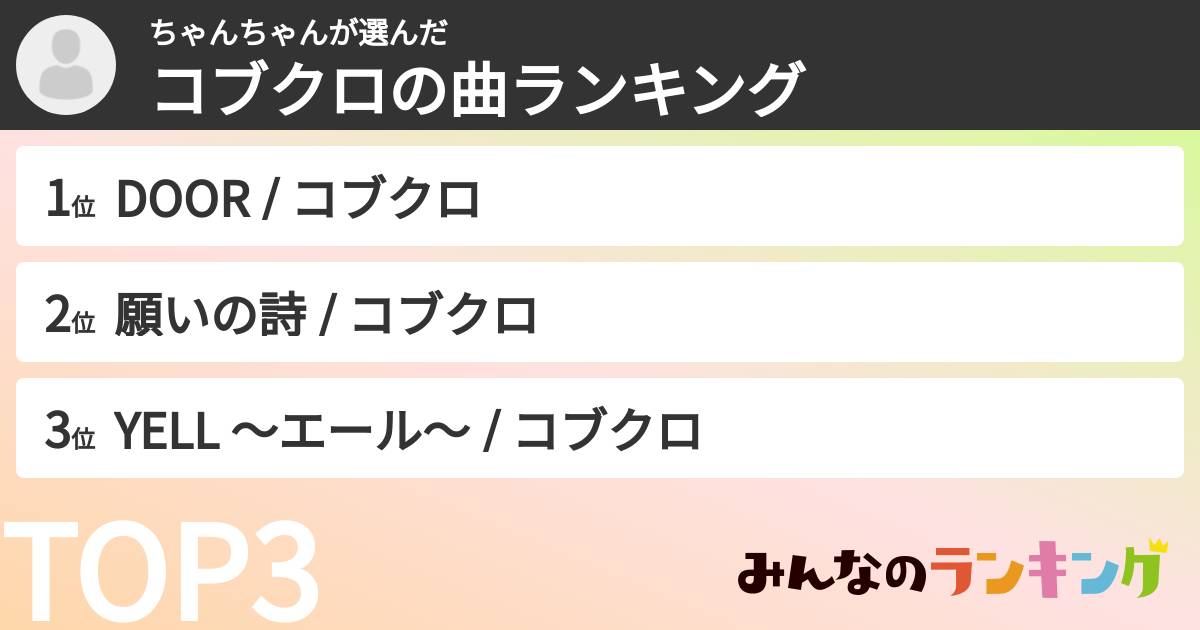 ちゃんちゃんさんの「コブクロの曲ランキング」