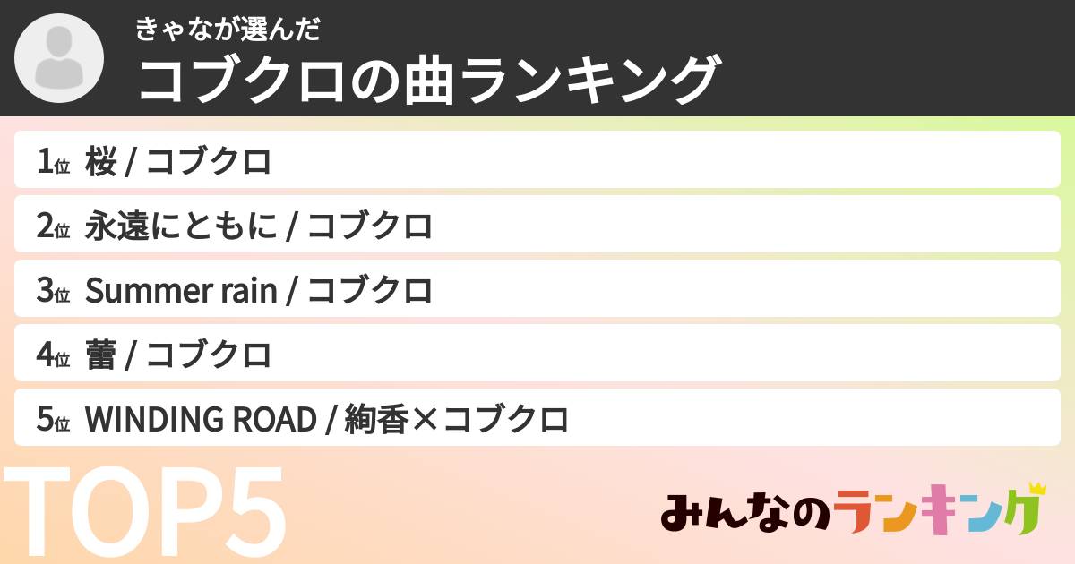 きゃなさんの「コブクロの曲ランキング」