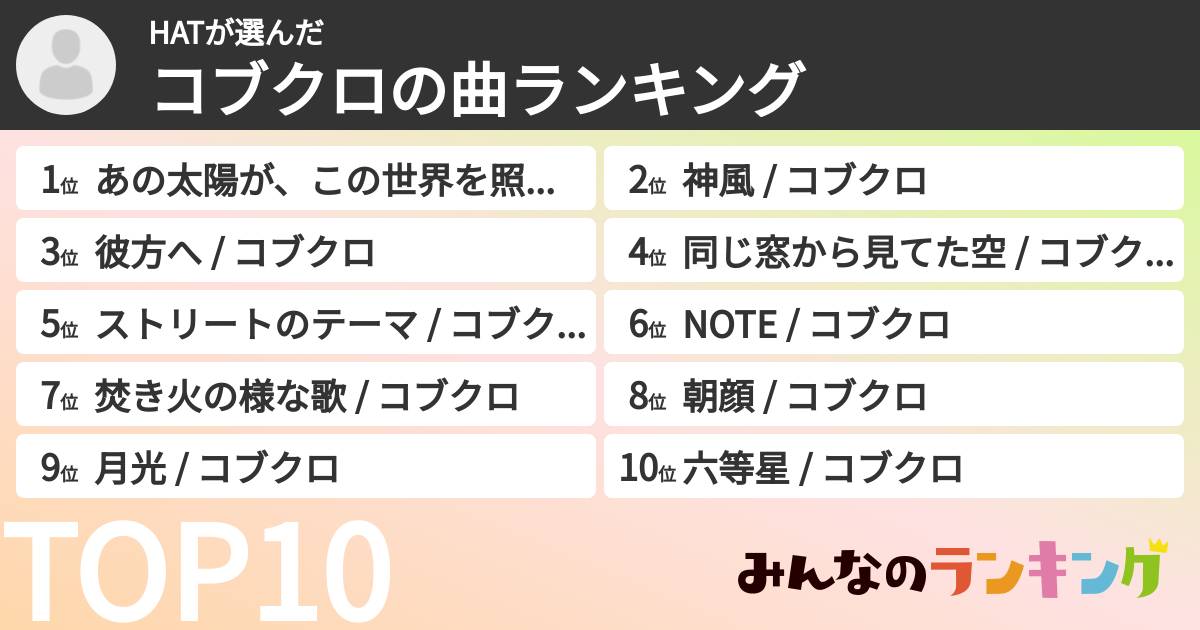 HATさんの「コブクロの曲ランキング」