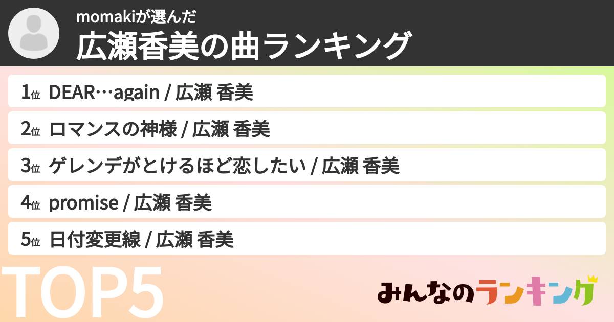 momakiさんの「広瀬香美の曲ランキング」