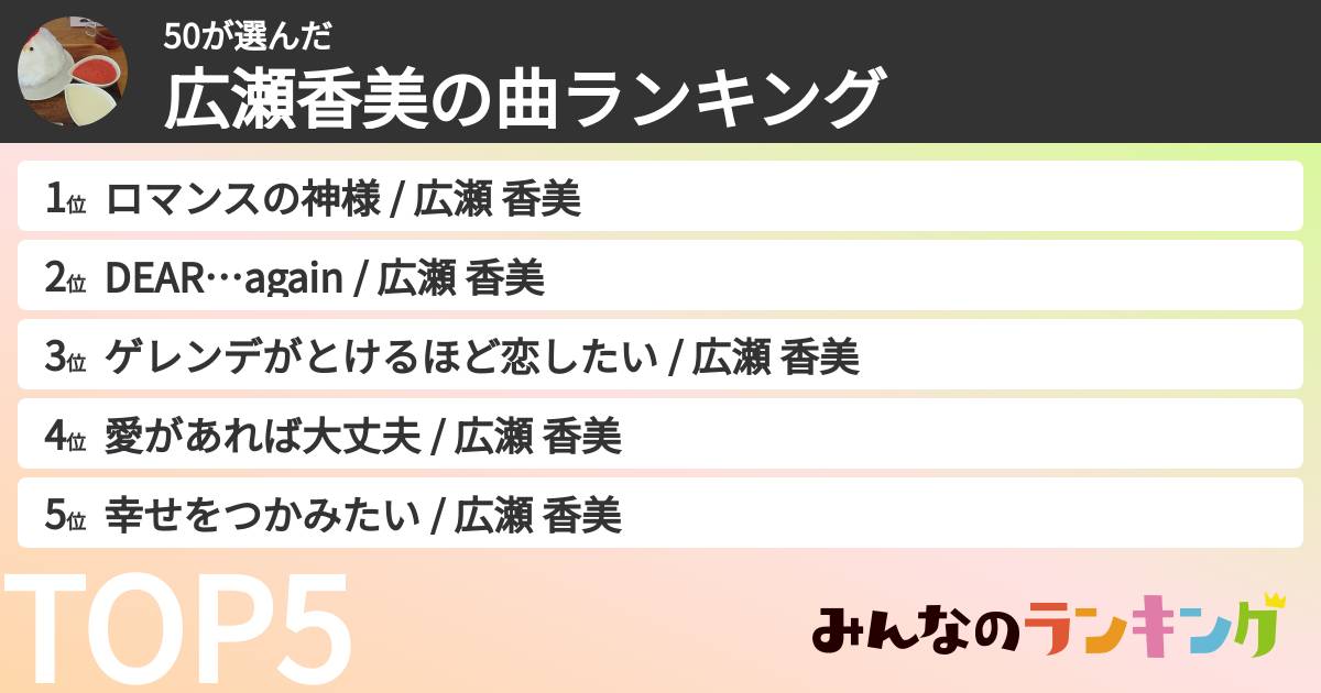 50さんの「広瀬香美の曲ランキング」