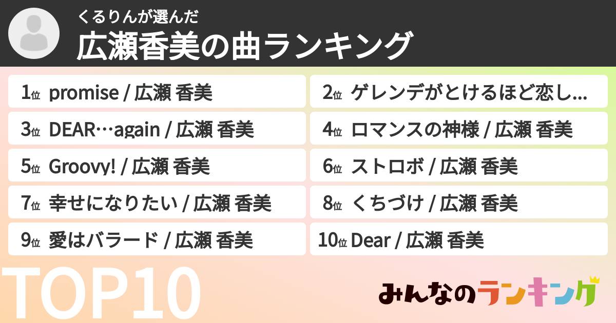 くるりんさんの「広瀬香美の曲ランキング」