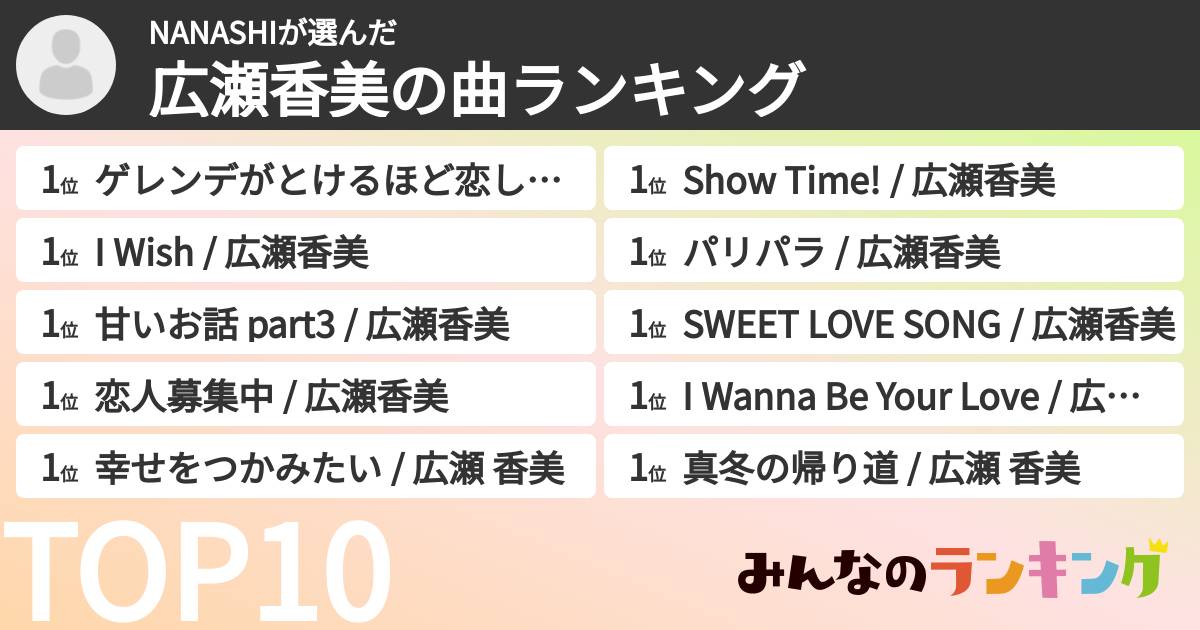 NANASHIさんの「広瀬香美の曲ランキング」