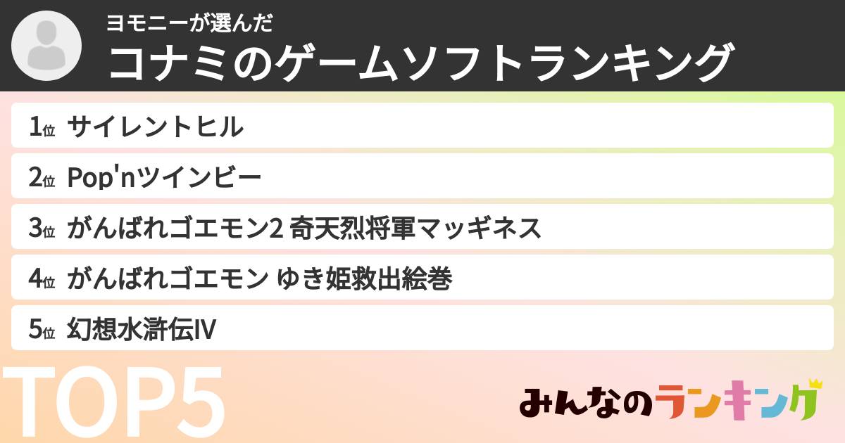 ヨモニーさんの「コナミのゲームソフトランキング」