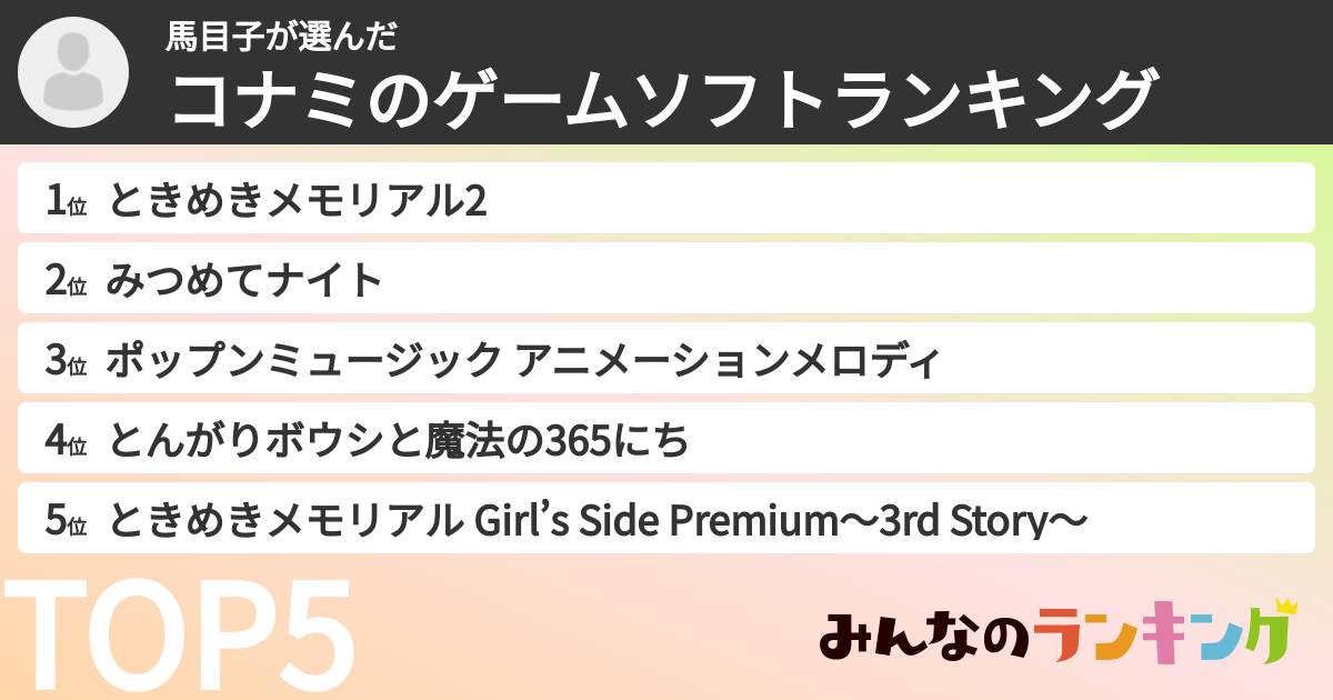 馬目子さんの「コナミのゲームソフトランキング」