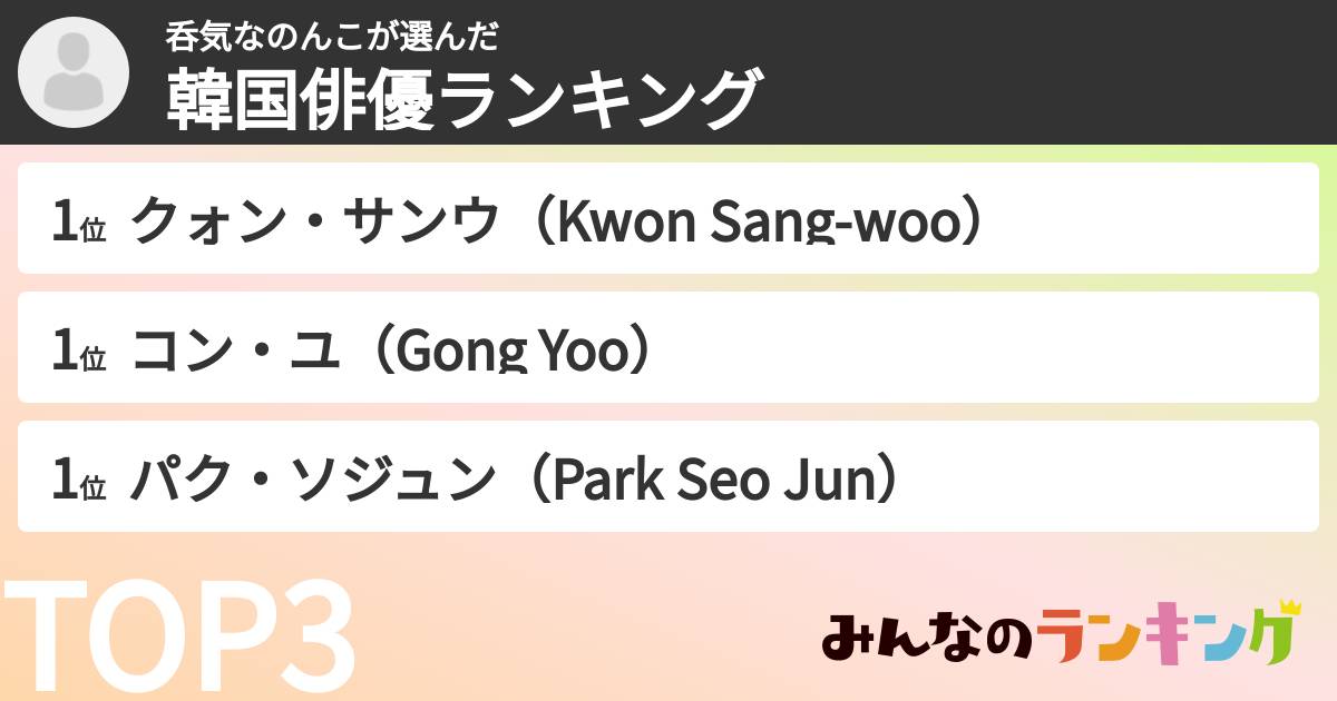 呑気なのんこさんの「韓国俳優ランキング」