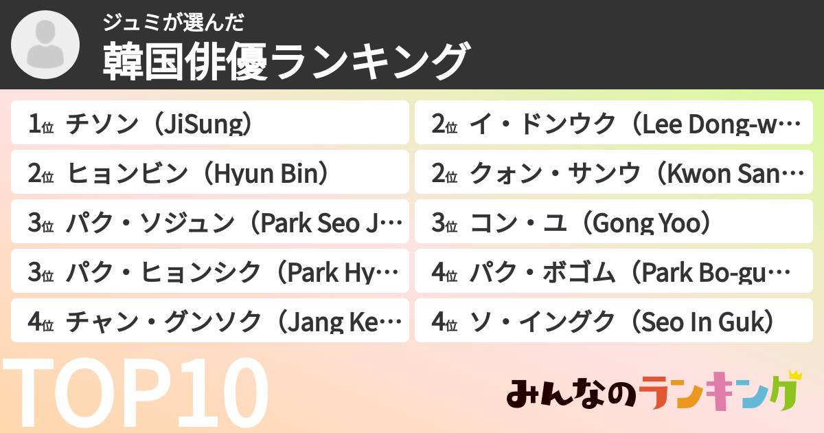 ジュミさんの「韓国俳優ランキング」