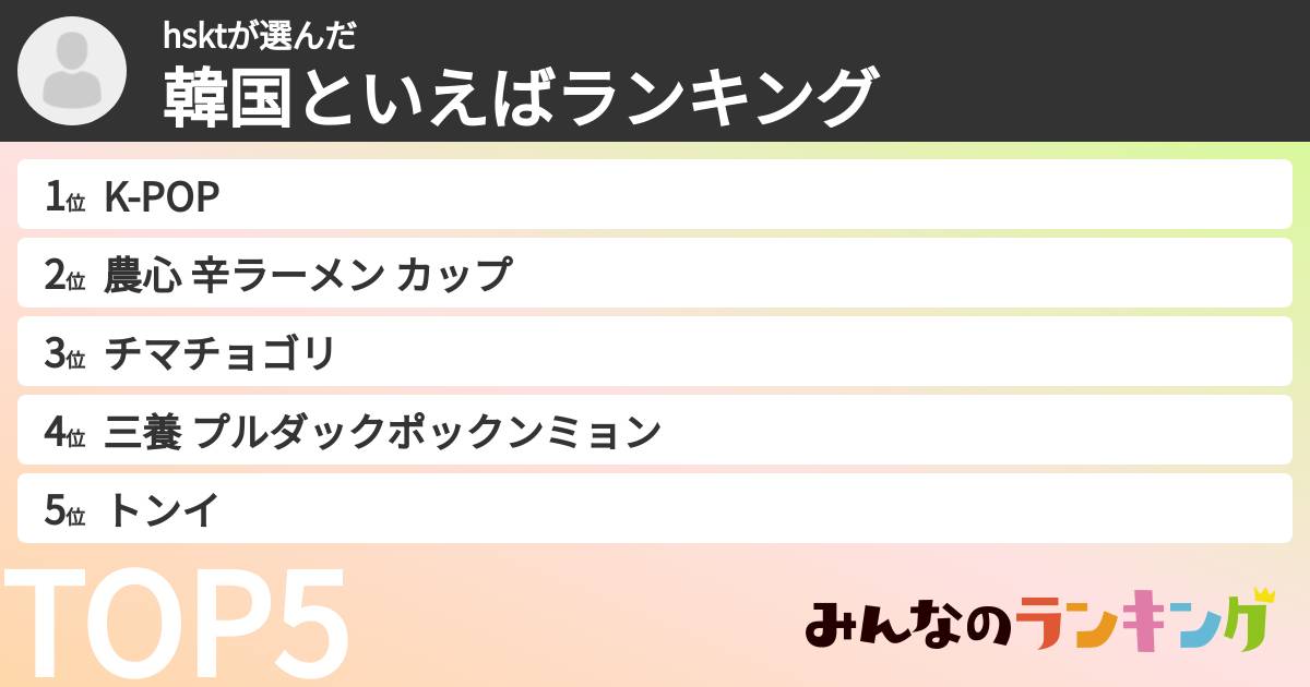 hsktさんの「韓国といえばランキング」