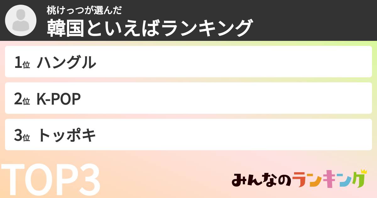 桃けっつさんの「韓国といえばランキング」