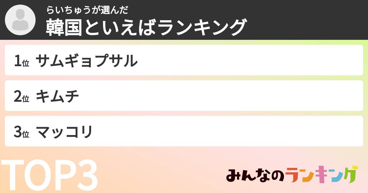 らいちゅうさんの「韓国といえばランキング」