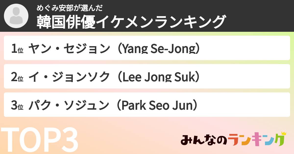 めぐみ安部さんの「韓国俳優イケメンランキング」