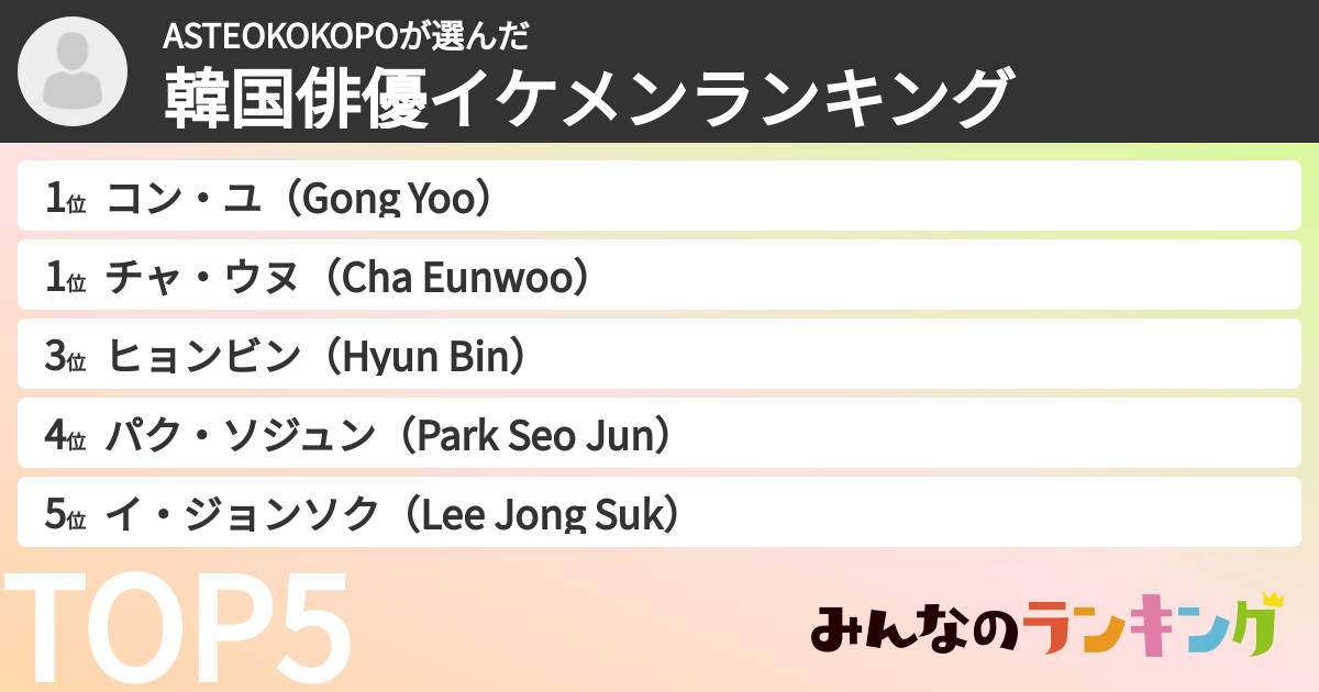 ASTEOKOKOPOさんの「韓国俳優イケメンランキング」