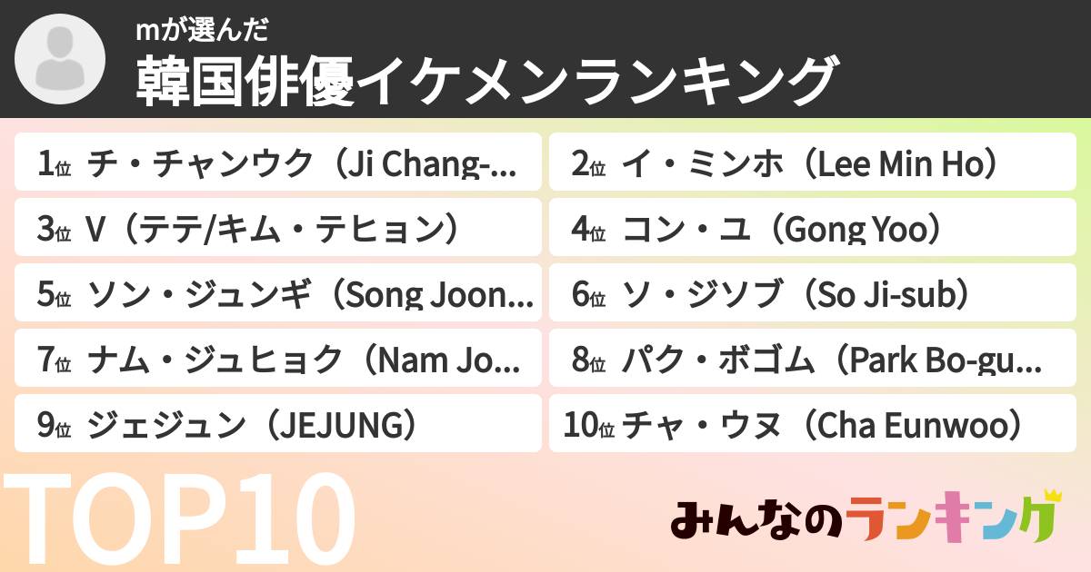 mさんの「韓国俳優イケメンランキング」