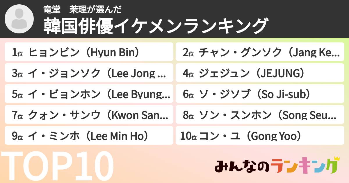 竜堂 茉理さんの「韓国俳優イケメンランキング」