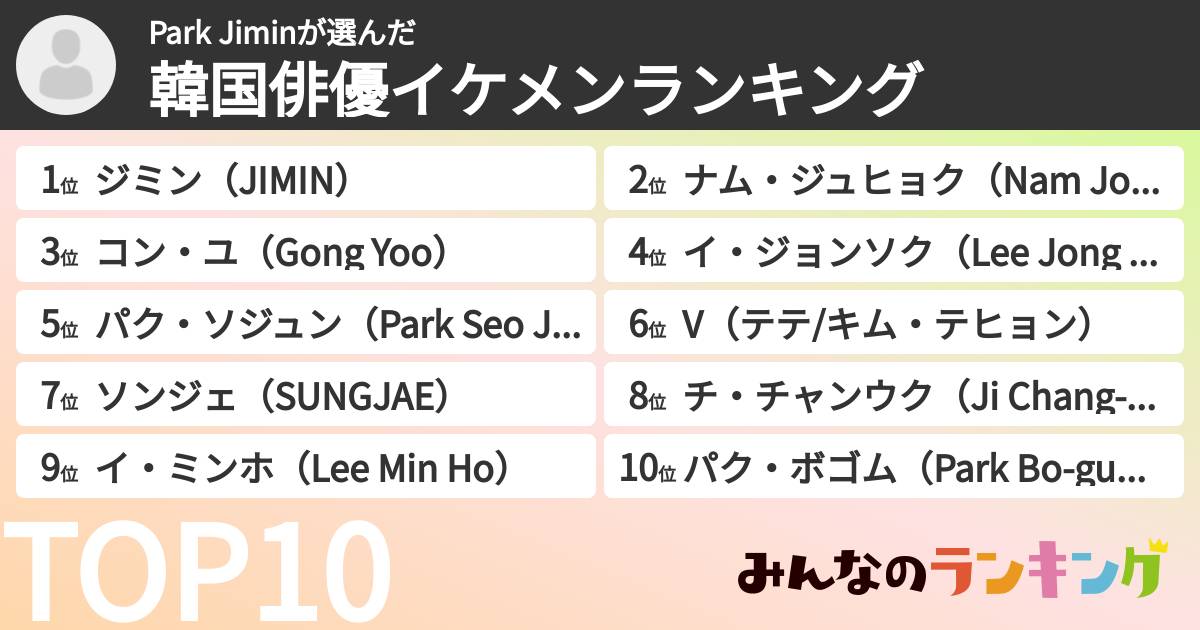 Park Jiminさんの「韓国俳優イケメンランキング」